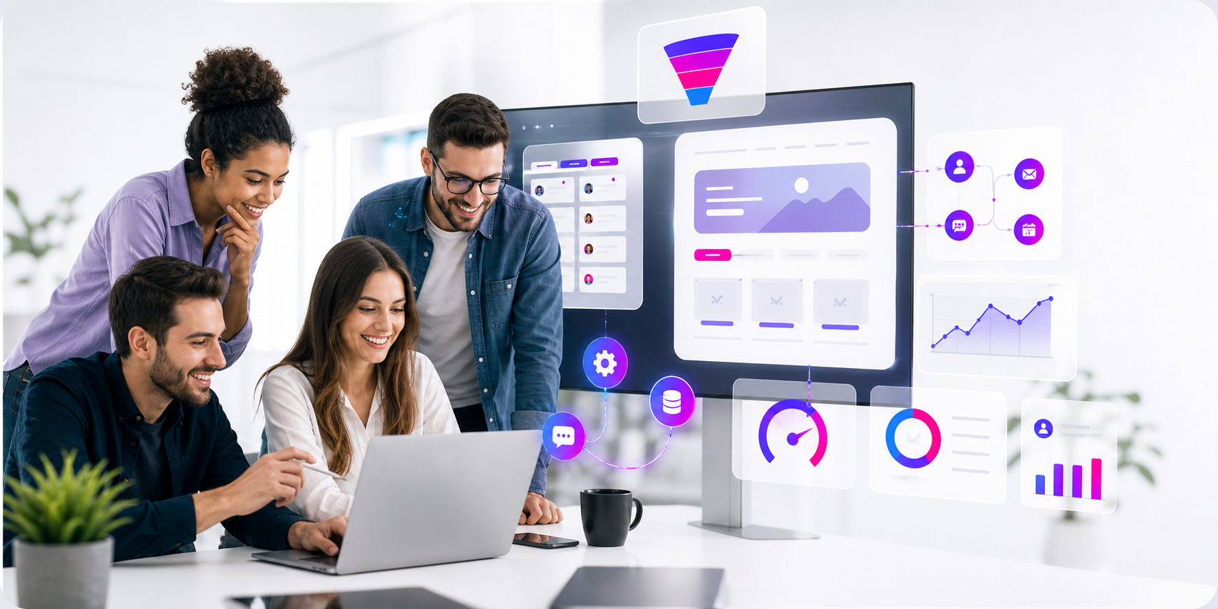 Estrutura digital com CRM, funil e indicadores de performance